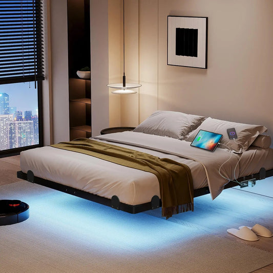 Floating Queen Bed Frame, 14 Inch Metal Platform Bed with Smart LED Lights & Charging Station, Easy Assembly, No Box Spr
