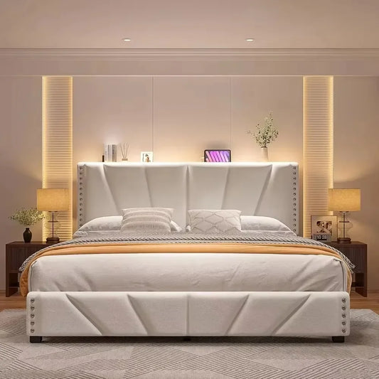 King-size Bed Frame, Velvet Bed Frame, with Headboard and LED Light, Platform Bed Frame, Beige