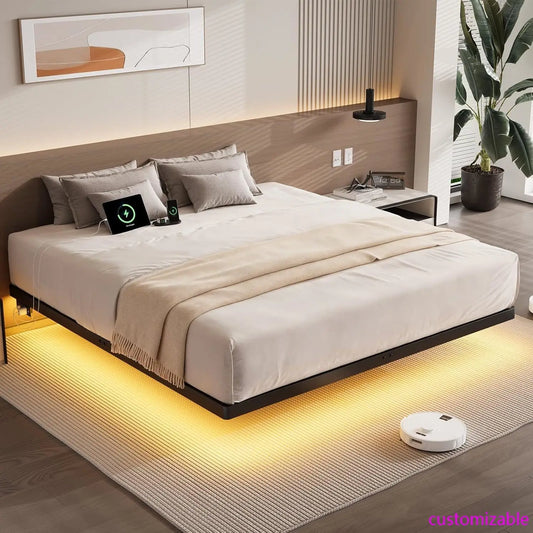 King Size Floating Bed Frame with USB Charging Station and Smart LED Lights, Heavy Duty Metal Platform Bed with Underbed